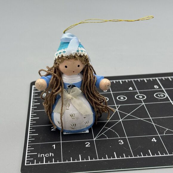 Vintage Wooden Girl Christmas Tree Ornament Handpainted Yarn Hair Brown Blue 3" - Picture 1 of 7